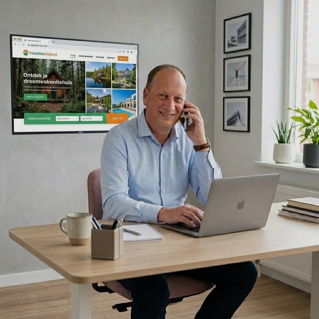 Medewerker van V-One Agency aan de telefoon achter een laptop