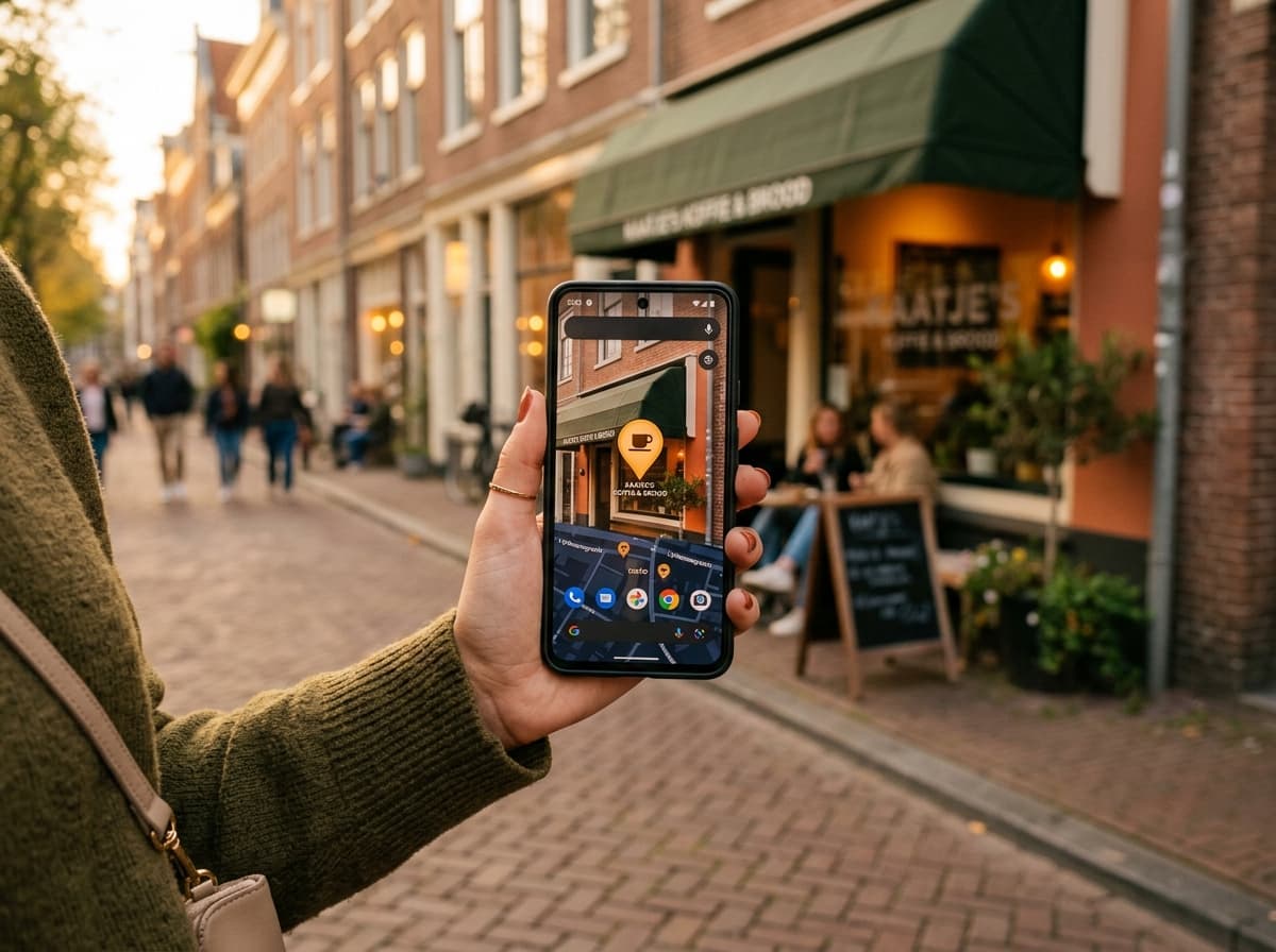 Iemand houdt een telefoon vast met Google Maps geopend voor een lokale winkelstraat