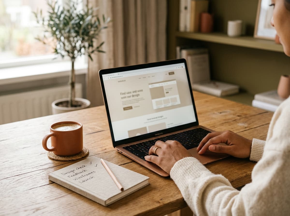Iemand werkt rustig aan een laptop met een checklist en kopje koffie op het bureau